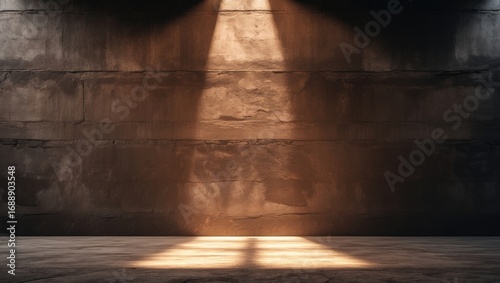 Fototapeta Naklejka Na Ścianę i Meble -  A dimly lit underground space with light beams illuminating the textured wall and floor.