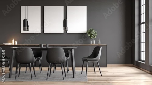 Wallpaper Mural A modern dining area, featuring black furnishings and minimalist decor, creates a sophisticated and calming atmosphere. Torontodigital.ca