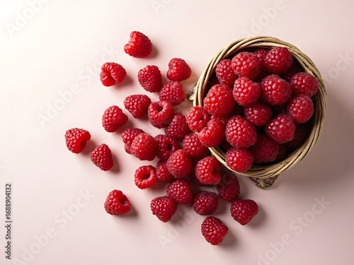 Top-Down Raspberry Flow: Aerial view of fresh raspberries spilling from a small basket, arranged on one side of the image, bright red tones, natural textures.