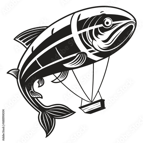 Stylized black and white fish shaped like a blimp with a gondola