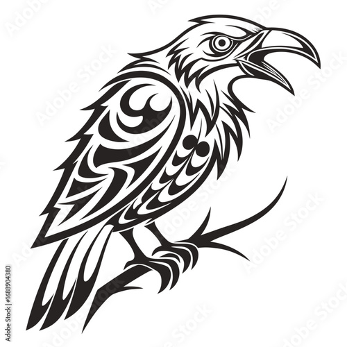 Tribal raven tattoo design on a branch