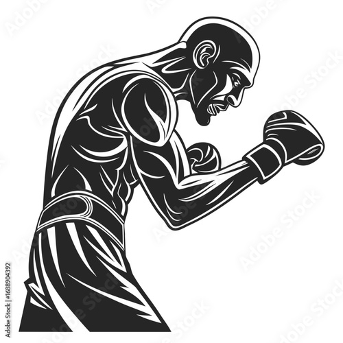 Stylized black and white boxer in fighting stance