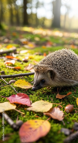 Adorable hedgehog exploring the moss-covered forest floor surrounded by autumn leaves and acorns, enjoying the crisp autumn air and the beauty of nature .