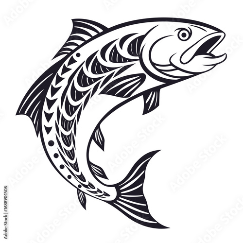 Stylized jumping salmon fish illustration with tribal patterns