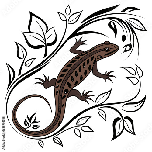 Brown lizard with decorative floral swirls and leaves