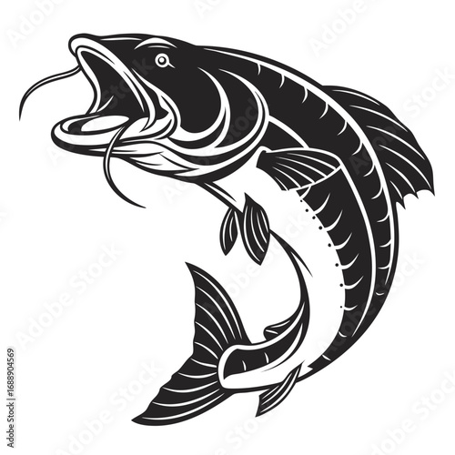 Stylized black and white jumping fish with open mouth