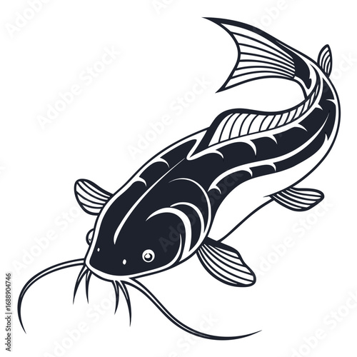 Stylized silhouette of a catfish with long whiskers