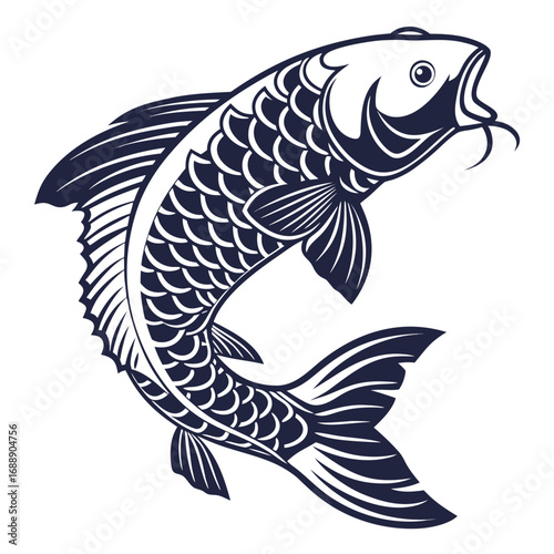 Stylized koi fish illustration in dark blue and white