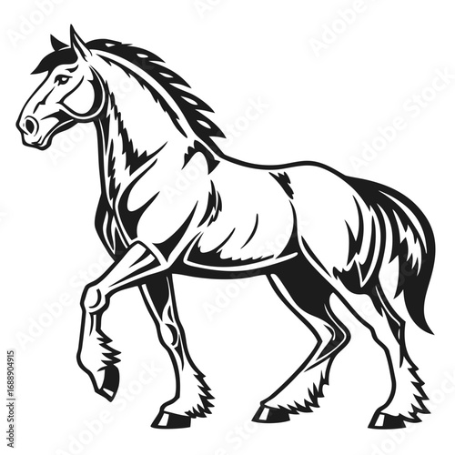 Powerful clydesdale horse in a dynamic black and white illustration