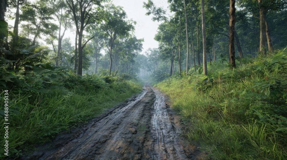 Fototapeta premium Muddy Forest Path Surrounded By Lush Greenery And Tall Trees. Nature Trail In Dense Woodland