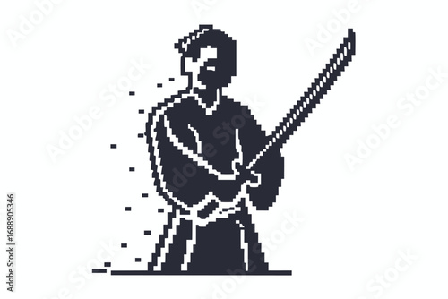 Pixel Art Kendo Fighter Holding Sword White Background