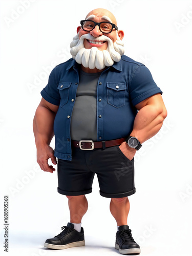 Muscular bald man with white beard and glasses 3d render