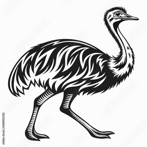 Stylized black and white illustration of an emu bird profile