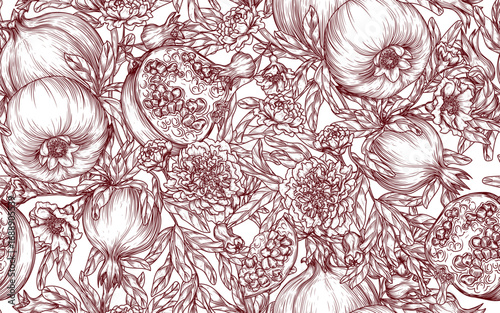 Seamless vector pattern of a branch of blooming pomegranate in engraving style. Background with a fruit tree. Healthy food. Garden botany. Organic farming.