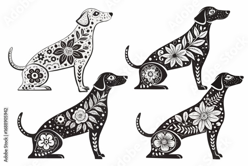 Four stylized dogs with floral patterns in black and white sitting in a decorative arrangement