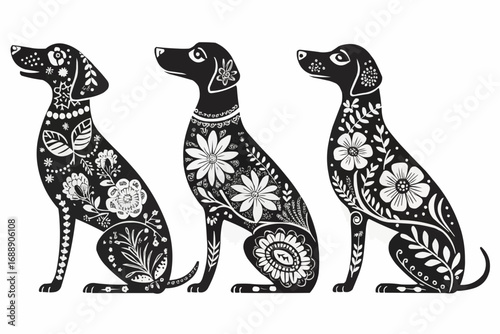 Three decorated black dogs sitting side by side with floral and geometric patterns in white color
