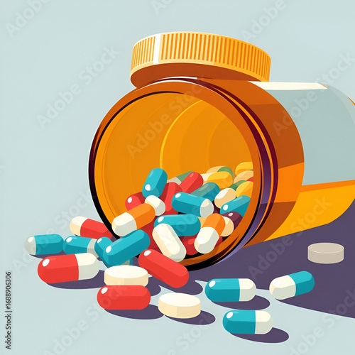 Pills spilling from bottle vector illustration for medical health and pharmaceutical concept design art