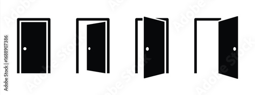 Door icons set. Open, close and ajar door. Doors collection. Opened entrance door set flat style - stock vector