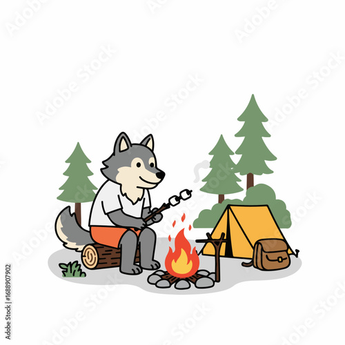 Happy wolf roasting marshmallows by campfire at campsite adventure