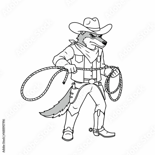 Confident cowboy wolf character ready to lasso with rugged western charm