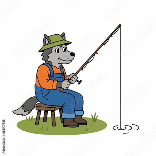 Happy wolf fisherman enjoys peaceful day with fishing rod by water