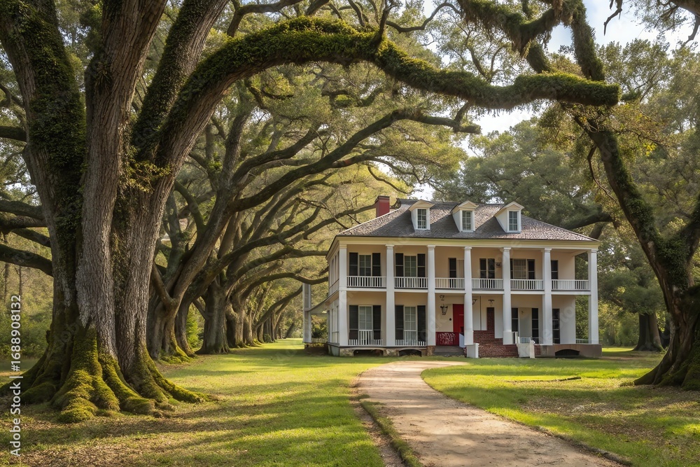 Obraz premium Traditional Southern Plantation House with Oak Trees