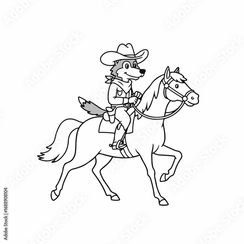 Cartoon wolf cowboy rides a horse across the plains with a smile