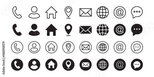 Contact and communication icons, call, email, gps pin, user, globe, house, mobile – minimal vector design