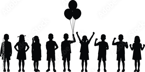 Silhouette of children standing in a row with balloons, expressing joy, childhood fun, and friendship in outdoor playful activity.