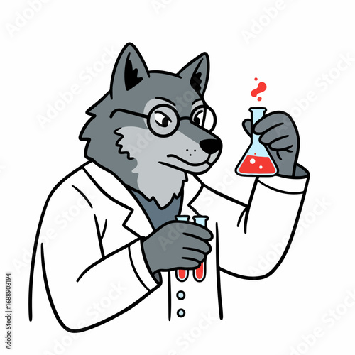 Curious wolf scientist experiments with red liquid in laboratory beakers