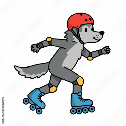 Playful wolf character rollerblading with protective gear for fun