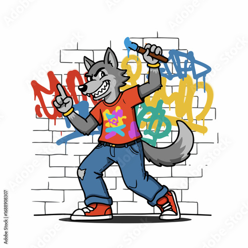 Cool wolf artist spraying vibrant graffiti on brick wall, energetic street art style