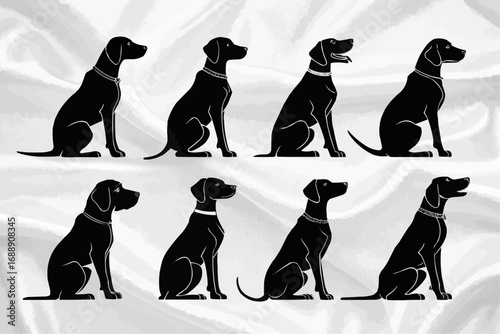 Silhouettes of eight seated dogs with collars against a textured white background in a pattern array