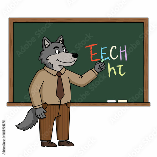 Anthropomorphic wolf teacher educates students at a classroom blackboard
