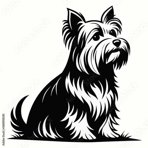 Illustration of a yorkshire terrier sitting with detailed fur in black and white color scheme design