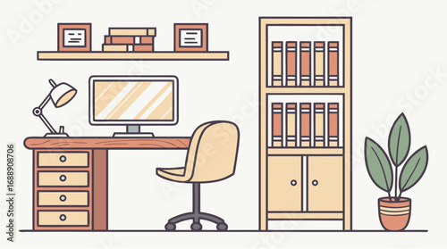 Modern Home Office Workspace Illustration – Desk, Computer, Bookshelves, and Plants