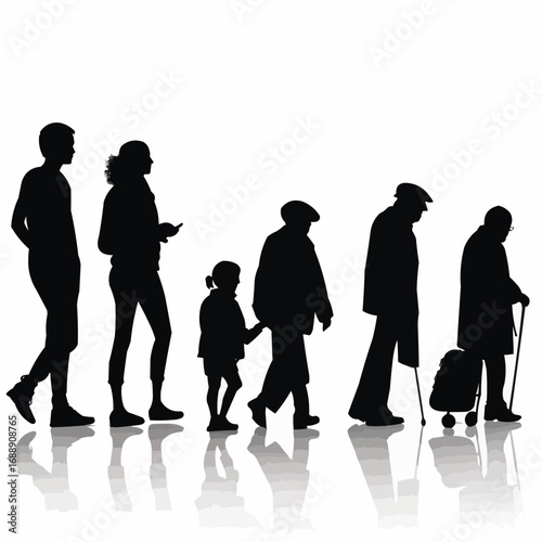 Silhouette illustration showing the stages of human life from youth to old age on a white background surface