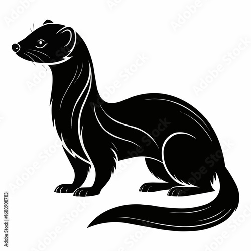 A sleek black stoat standing in profile with detailed fur markings and a long slender body design element