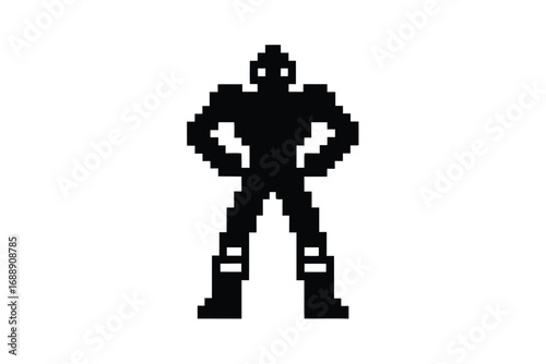 Pixel Art Silhouette of Hero with Hands on Hips on White Background