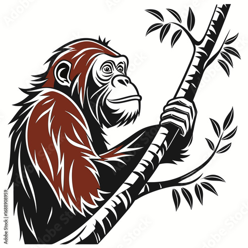 Stylized orangutan clinging to a tree branch with leaves