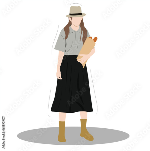 woman shopper character walking with groceries purchases heavy shopping bags. 