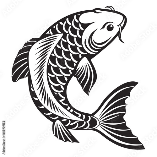 Black and white illustration of a stylized koi fish