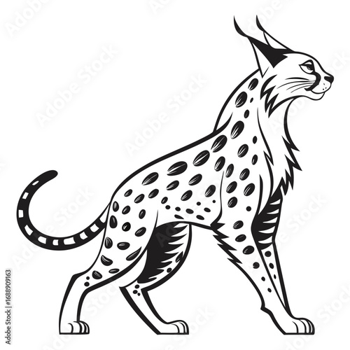 Stylized black and white illustration of a spotted lynx