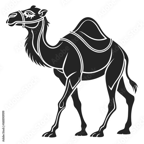 Stylized silhouette of a camel with decorative harness