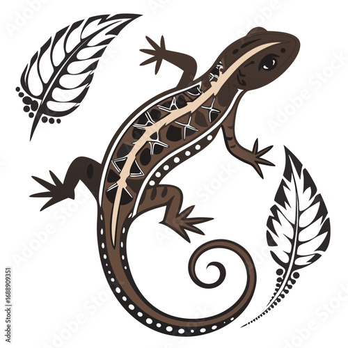 Brown lizard with tribal feather designs on white background