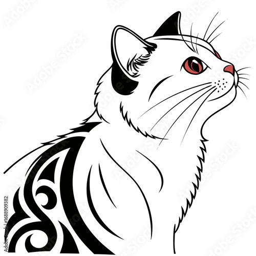 Stylized cat portrait with tribal markings and red eyes