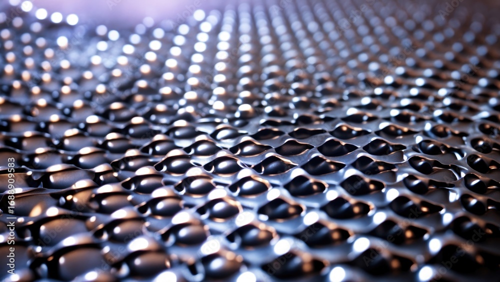 Obraz premium Close-up of metallic droplets on a textured surface with a bokeh background.