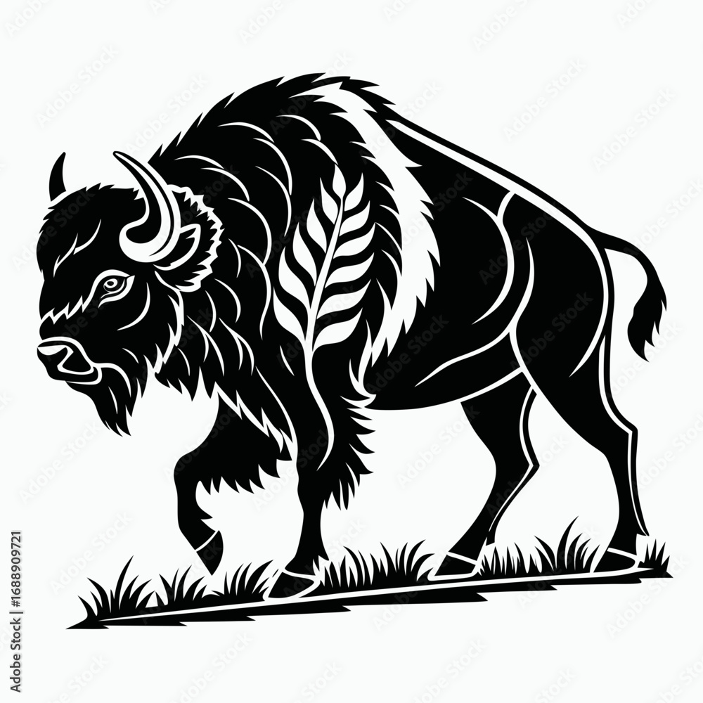 Fototapeta premium Stylized black bison walking through grass