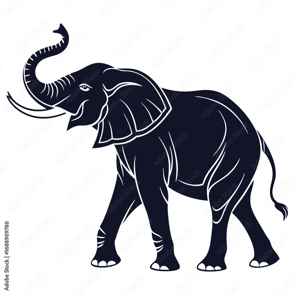 Fototapeta premium Stylized dark blue elephant walking with trunk raised