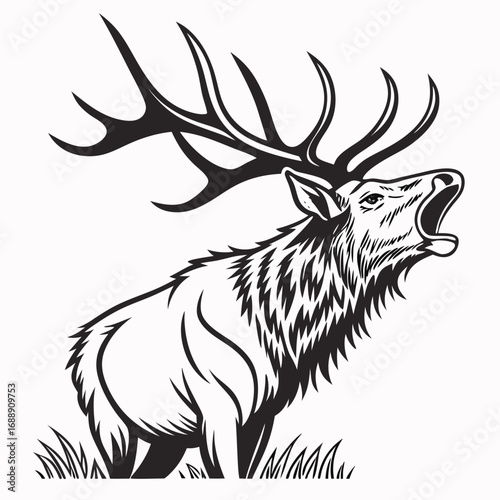 Majestic elk with antlers roaring in a field of grass